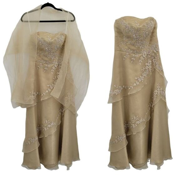 Vintage Jovani Gown Formal Champagne Strapless Tiered Floral Embroidered Shawl S - Picture 1 of 13